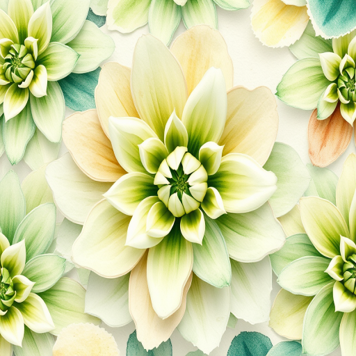 regenerate a floral pattern with soft watercolors featuring varying shades of green and pastel colors, macro lens, aperture f/2.8, shutter speed 1/125s, ISO 100, DSLR camera, top-down view, focus on texture and detail