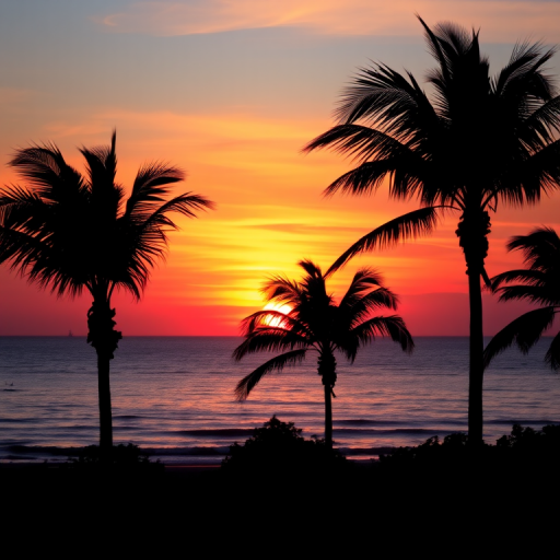 Create an image of a vibrant sunset over a serene ocean with silhouetted palm trees in the foreground, using a DSLR camera with a 24mm lens, ISO 100, aperture f/8, and a slight vignette effect to enhance the overall quality.