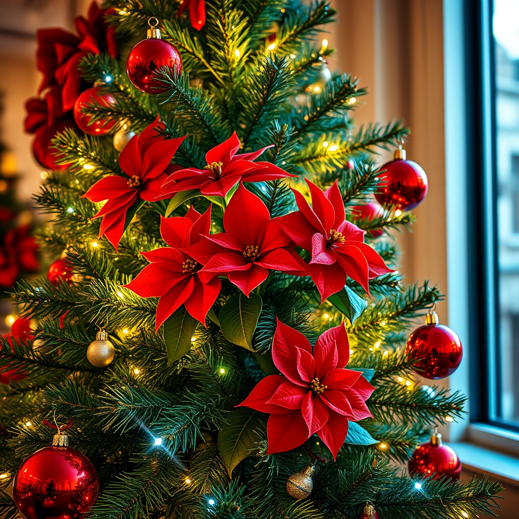 Generate an image of a beautifully decorated Christmas tree with bright lights, red poinsettias, and shiny red ornaments. The scene should evoke a warm and festive holiday atmosphere.