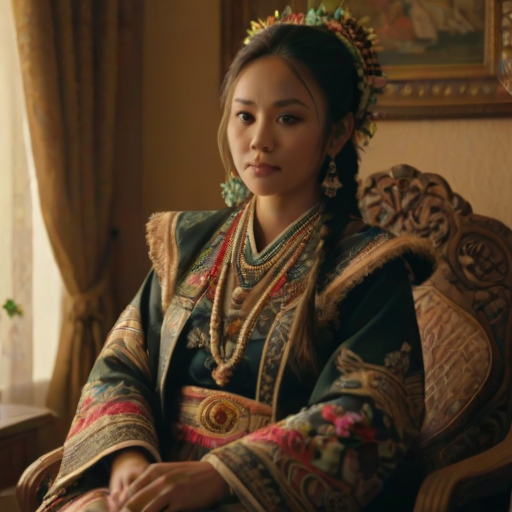 A beautiful Guarani woman in traditional East Asian attire, intricately detailed with embroidered patterns, sitting gracefully in a richly decorated room, soft ambient lighting, serene and elegant, ultra-realistic, 8K resolution