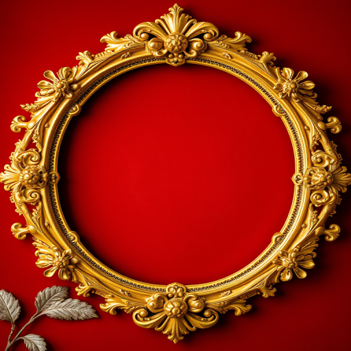 create a richly detailed image of an ornate golden floral frame on a deep red background, using a DSLR camera with a 50mm lens, aperture set at f/2.8, ISO 100, natural lighting for enhanced clarity and texture, focus on vibrant colors and intricate designs, shot in macro style for close-up detail.