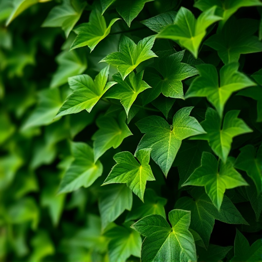 Close-up of lush green ivy leaves with a slight depth of field, f/4 aperture, ISO 200, 50mm lens, natural daylight, DSLR camera, vibrant colors and sharp details.