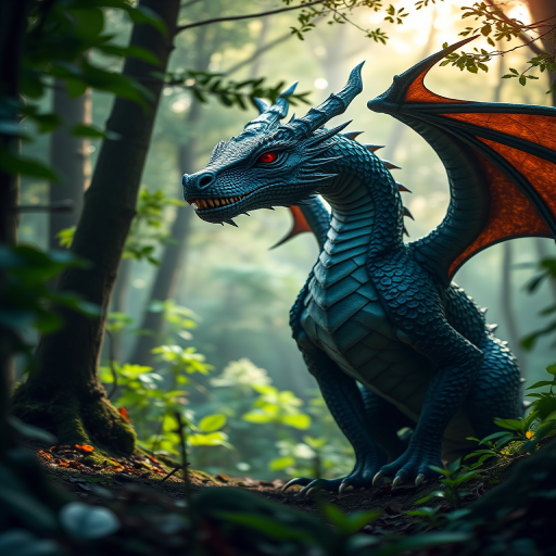 Create a high-resolution image of a dragon in a mystical forest with deep greens and vibrant colors, 35mm lens, f/2.8 aperture, ISO 100, soft natural lighting, shot in a wide-angle view, DSLR camera.