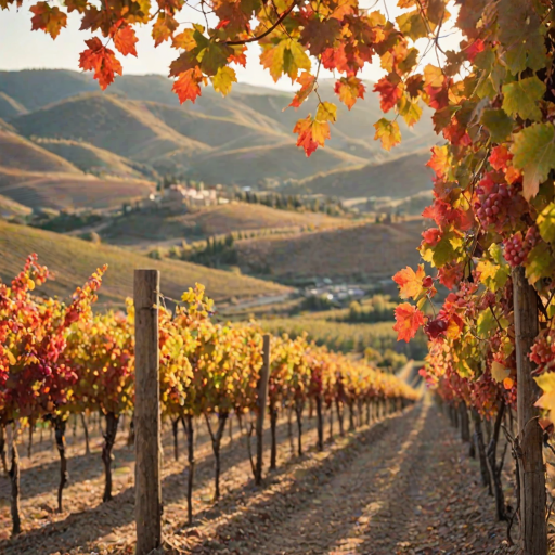 Soft-focus image of a picturesque vineyard in autumn, with grapevines adorned with colorful leaves, soft sunlight illuminating the hills in the background.