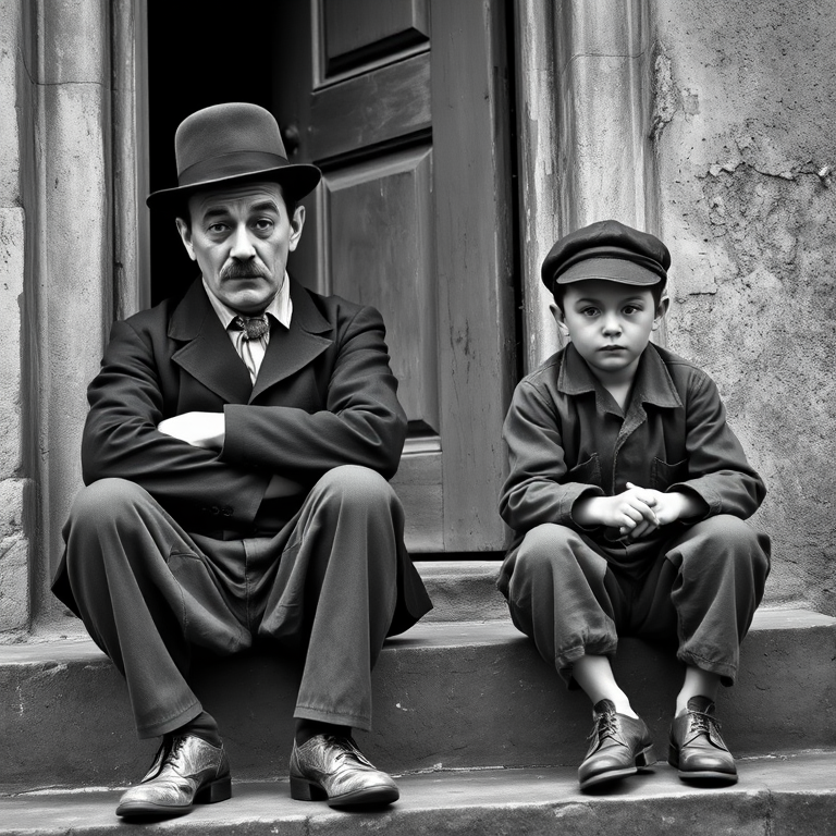 A black-and-white photograph of a man and a child sitting on steps in front of a doorway. The man is dressed as a tramp with a bowler hat, mustache, and ragged clothes, reminiscent of Charlie Chaplin's iconic look. He is sitting with his arms crossed and an expression of slight sadness or frustration. Next to him is a young boy, also in worn clothes and a cap, sitting with his hands clasped, looking thoughtful. The background is an old, textured wall and a partially open door, creating a vintage, early 20th-century atmosphere.
