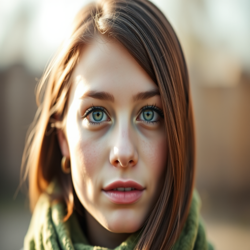 portrait of a young woman with a green scarf, captivating green eyes, soft natural lighting, 85mm lens, f/1.4 aperture, ISO 100, shallow depth of field, soft bokeh background, taken with a full-frame DSLR camera