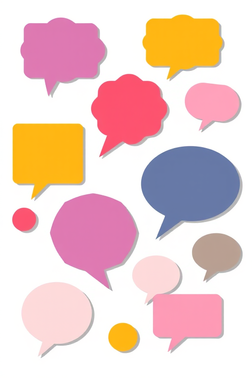 Create an image of various speech bubbles in different shapes and sizes, flat design style, on a transparent background, taken with a DSLR camera at f/8 aperture, ISO 200, 50mm lens, natural lighting.