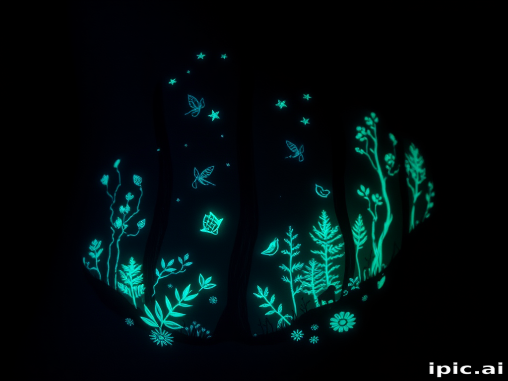 Luminous glow-in-the-dark tattoo called "Bioluminescent Forest" showcasing a magical woodland scene with phosphorescent ink that charges in daylight to emit a soft ethereal glow in darkness intricate details of flora and fauna come alive at night creating an enchanted landscape on the skin