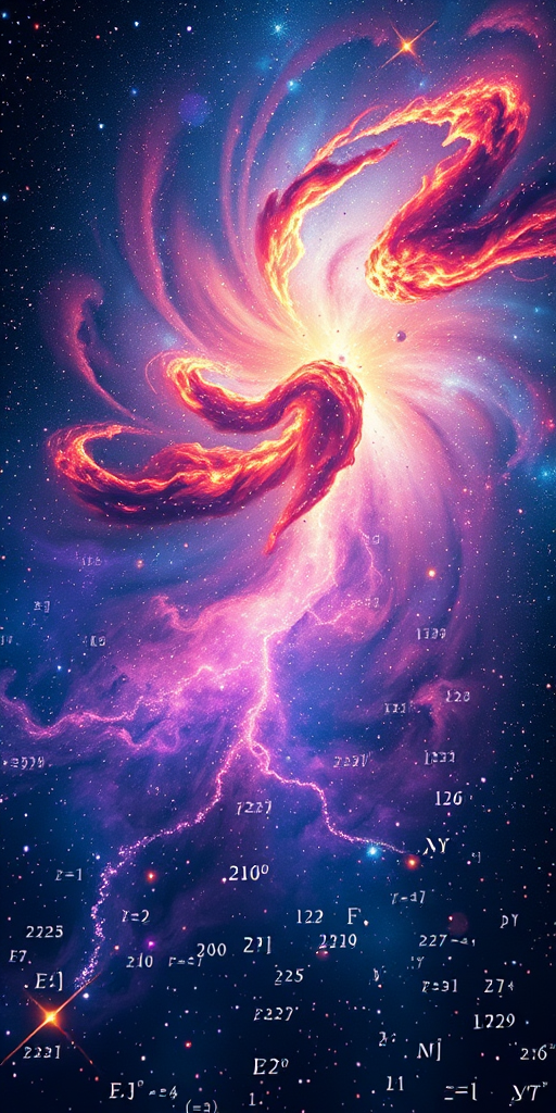 regenerate a cosmic backdrop filled with swirling galaxies and vibrant colors, with an overlay of intricate mathematical equations, using a DSLR camera at f/2.8 aperture, ISO 100, with a 24mm lens, shot at a low angle to enhance depth and clarity