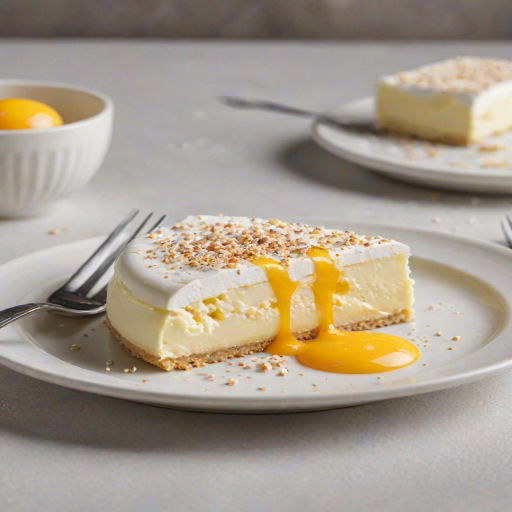 Create an image of a slice of creamy white dessert on a light plate. The dessert should have a smooth, textured surface and a glossy yolk drizzling from the center. Include a fork resting beside the dessert, with a small bowl of granulated sugar in the background. The setting should have a clean, minimalist aesthetic with soft lighting.