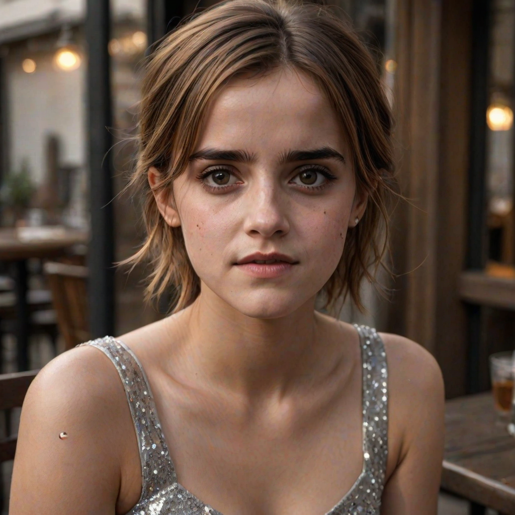 photo of young woman, [Ana de Armas:Emma Watson:0.5], highlight hair, sitting outside restaurant, wearing dress, rim lighting, studio lighting, looking at the camera, dslr, ultra quality, sharp focus, tack sharp, dof, film grain, Fujifilm XT3, crystal clear, 8K UHD, highly detailed glossy eyes, high detailed skin, skin pores
negative: disfigured, ugly, bad, immature, cartoon, anime, 3d, painting, b&w