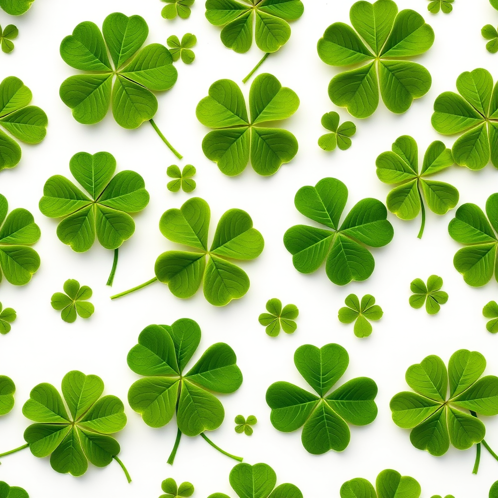 Create a seamless pattern of green leaf clovers on a white background with high detail, shot with a Canon EOS R5, 50mm lens, aperture f/4.0, ISO 100, natural light for optimal clarity and color vibrance.