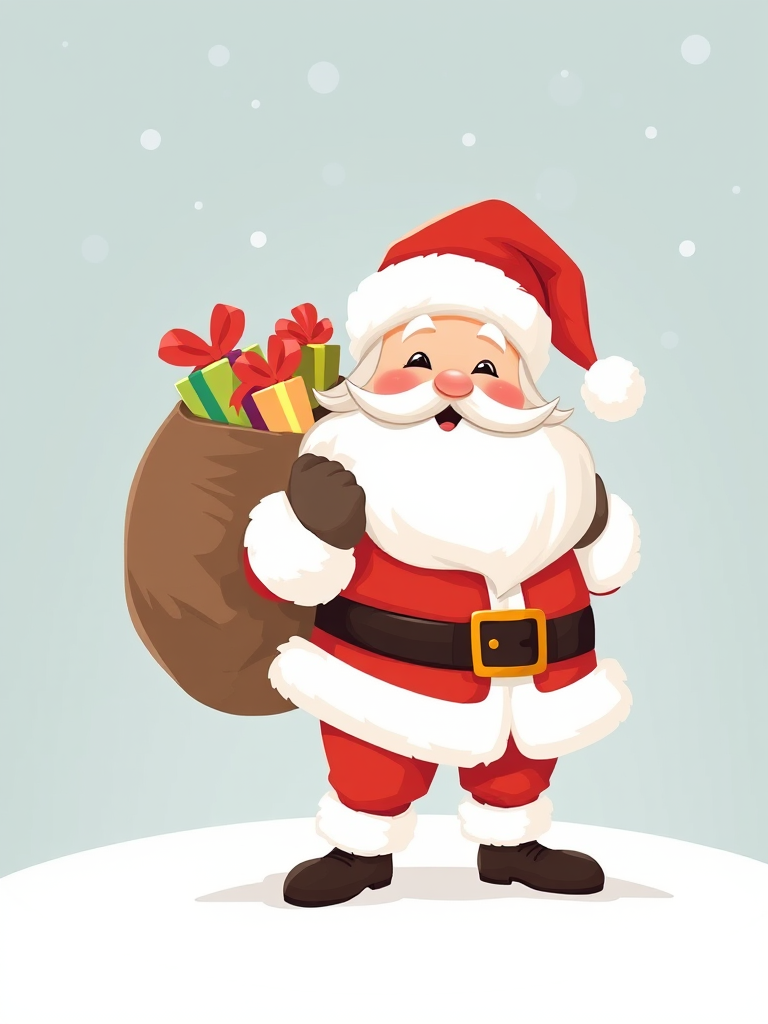 Create an illustration of a cheerful Santa Claus with a large bag over his shoulder, full of gifts, in a bright color palette, using a DSLR camera with a 50mm lens, aperture set to f/2.8, ISO 100, and a soft focus background to enhance image quality.