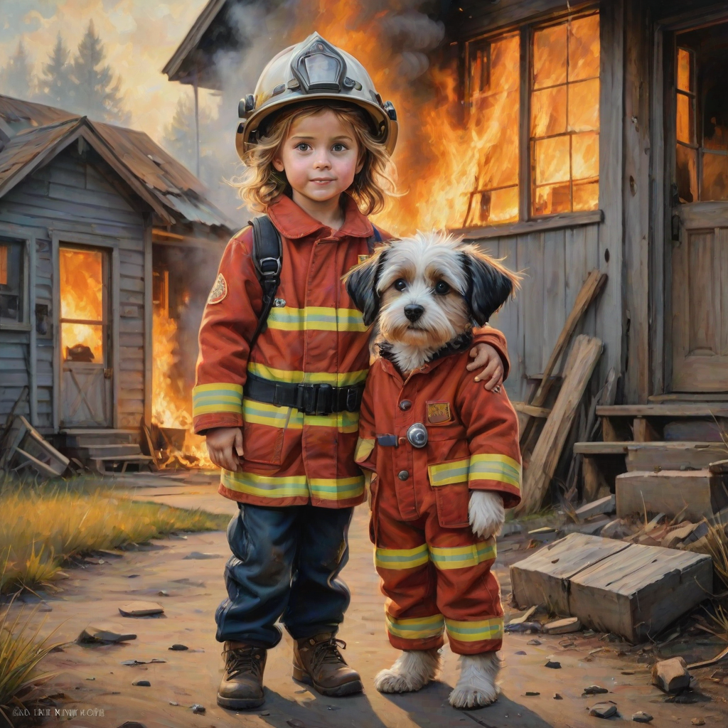 airbrushed oil painting, pixar style, cute little girl in fireman gear, helmet, tousled hair, expressive eyes, standing in the doorstep of a cottage burning behind him, holding a cute little dog in her arm, atumn sky