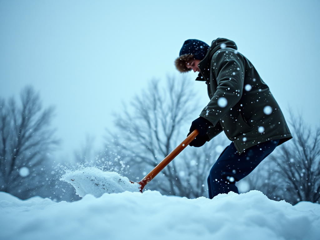 Generate an image of a person shoveling snow with snowflakes falling, in a winter scene, shot with a Canon EOS R5, 50mm lens, aperture f/2.8, shutter speed 1/200 sec, ISO 100, landscape perspective, high contrast and saturation for enhanced clarity.