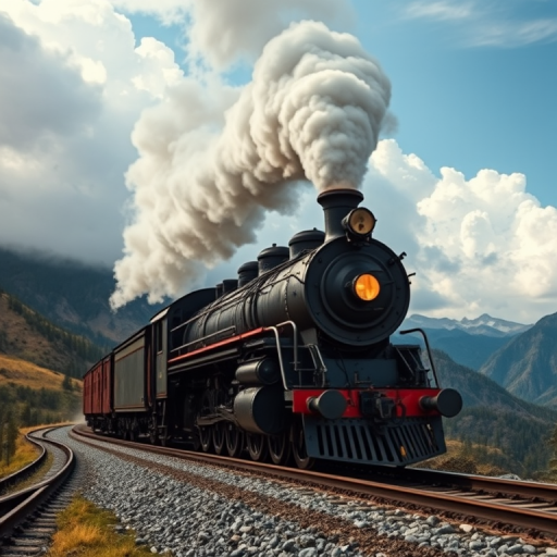Create a highly detailed image of a vintage steam locomotive chugging along a scenic mountain track with dramatic clouds and smoke, using a DSLR camera with a 50mm lens, aperture f/1.8, ISO 100, shutter speed 1/500s, capturing a dynamic angle from slightly below the train to emphasize its grandeur.