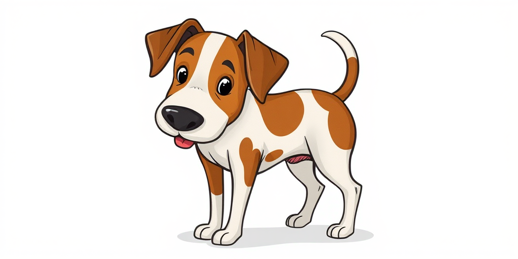 Cartoon-style drawing of a standing dog with brown and white spots, taken with a DSLR camera, 50mm lens, f/2.8 aperture, ISO 100, natural lighting, viewed at eye level.