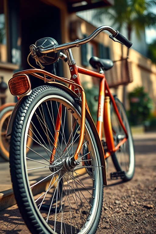 Create a highly detailed illustration of a vintage bicycle, captured with a 50mm lens at f/2.8, ISO 100, with a low angle view and natural lighting to enhance depth and detail.