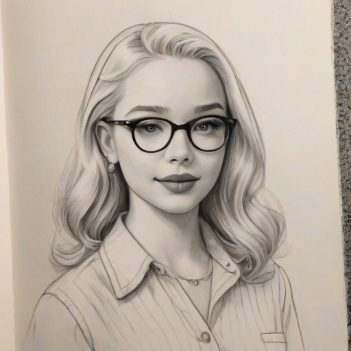 Attractive Dove Cameron, pencil sketch, portrait of Lovely woman 1954s in glasses, hair style beatnik, outline, clear lines, fine lines, 8k