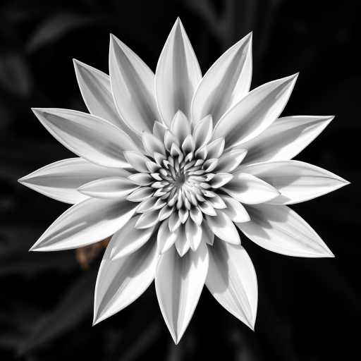 create a high-quality illustration of a spiral flower design with pointed petals, in a minimalist black and white style, using a Canon EOS R5 camera with a 50mm f/1.2 lens, f-stop set to 8, ISO 100, natural lighting and a top-down view for clarity.