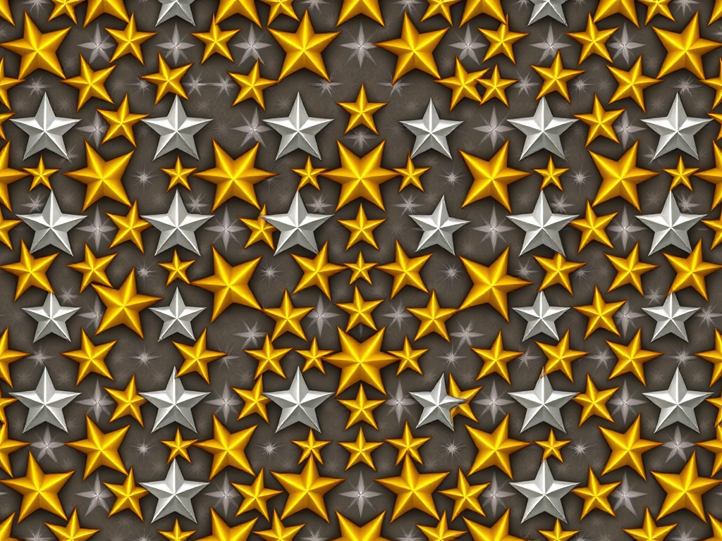 Create an image of a pattern featuring alternating silver, gold, and yellow stars arranged in rows, using a DSLR camera at f/8 aperture, ISO 100, 50mm lens, top-down view, high-resolution digital style.