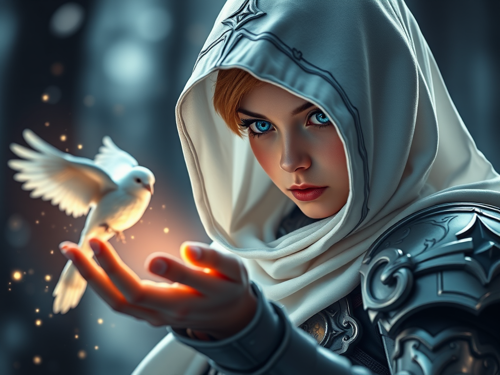Create an ethereal scene of a mysterious character in a white hooded cloak, holding out their hand to a glowing bird, showcasing vibrant blue eyes and detailed armor, with soft lighting and magical particles in the air, using a Canon EOS R5 with a 50mm f/1.2 lens, at f/1.8, ISO 200, and a shallow depth of field for a dreamy effect.