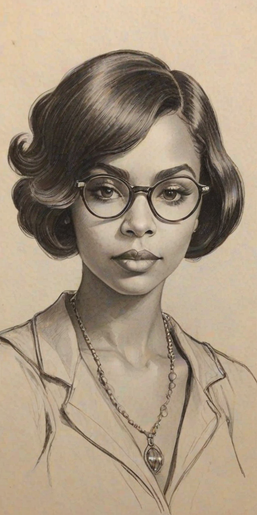Fascinating Ashanti, pencil sketch, portrait of Resplendent woman 1926s in glasses, hair style beatnik, outline, clear lines, fine lines, 8k
