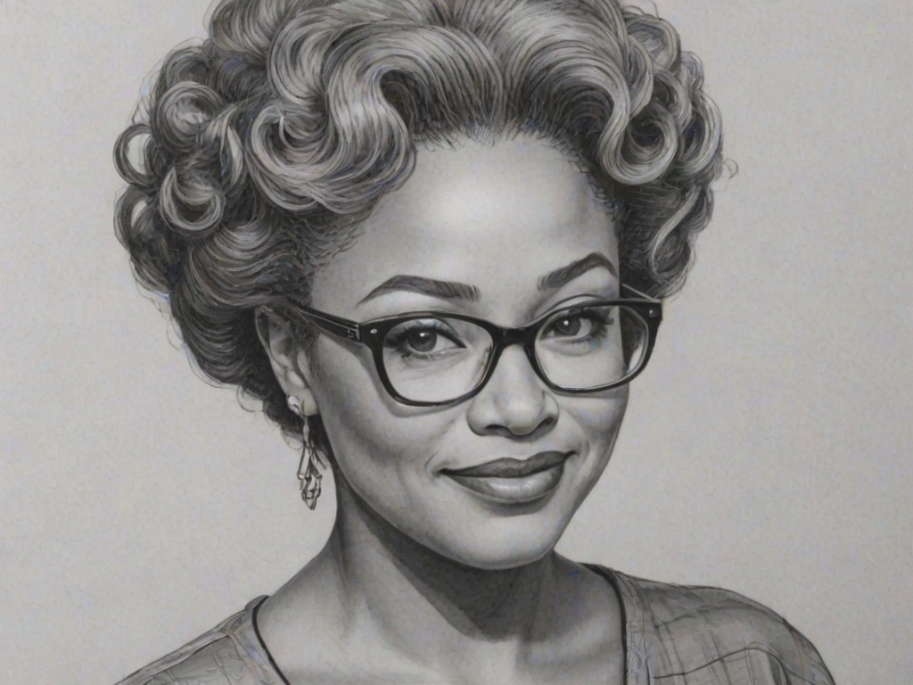 Attractive Kim Fields, pencil sketch, portrait of Fascinating woman 1951s in glasses, hair style beatnik, outline, clear lines, fine lines, 8k