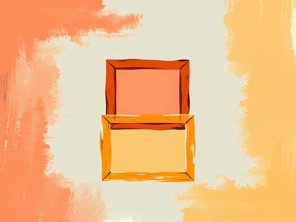Create an artistic illustration of three different rectangular frames stacked above one another, using warm colors like reds, oranges, and yellows with a textured brushstroke effect, captured with a Canon EOS R5 at f/2.8, 50mm lens, and a shallow depth of field for enhanced image quality.