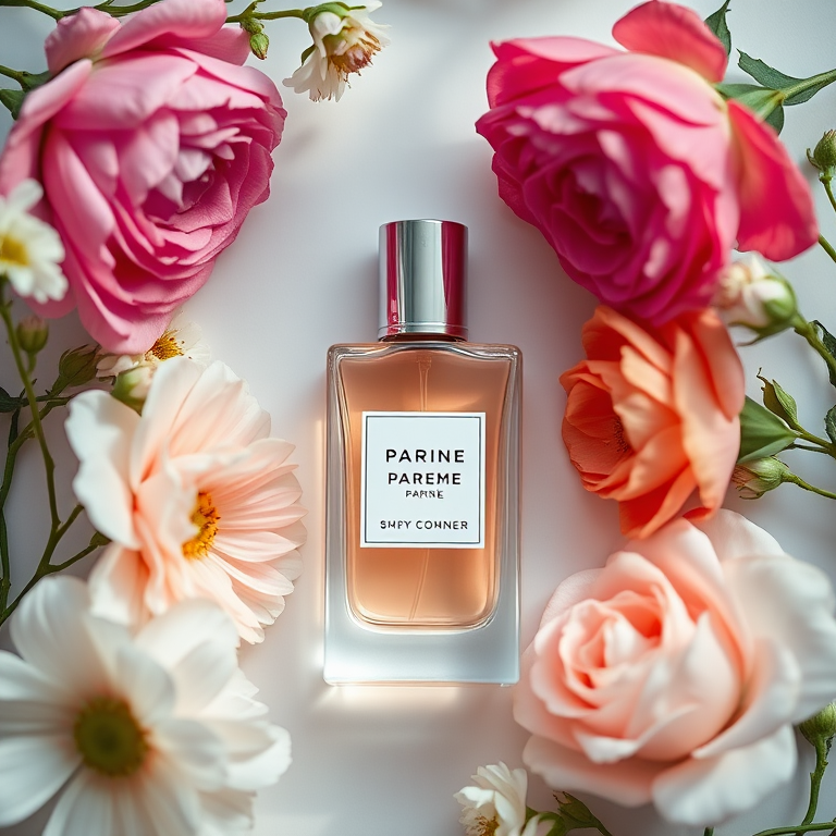 a beautifully styled flat lay of a perfume bottle surrounded by soft-focus flowers and soft natural light, captured with a 50mm f/1.8 lens, ISO 100, aperture f/2.8, using a Canon DSLR for enhanced clarity and depth of field
