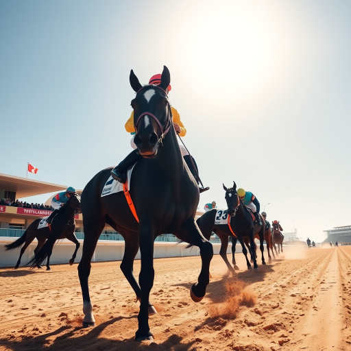 A jockey riding a black horse on a sandy track, bright sunny day, low angle view, aperture f/4, shutter speed 1/1000s, ISO 200, DSLR camera, focus on the horse and jockey, vibrant colors, high resolution.