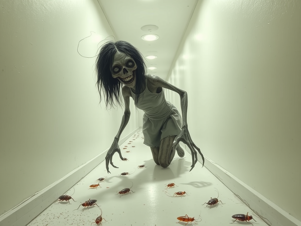 a crooked female with long arms and a creepy smile is crawling along a long white corridor and you can also see cockroaches in it there is a creepy atmosphere creepy art style
