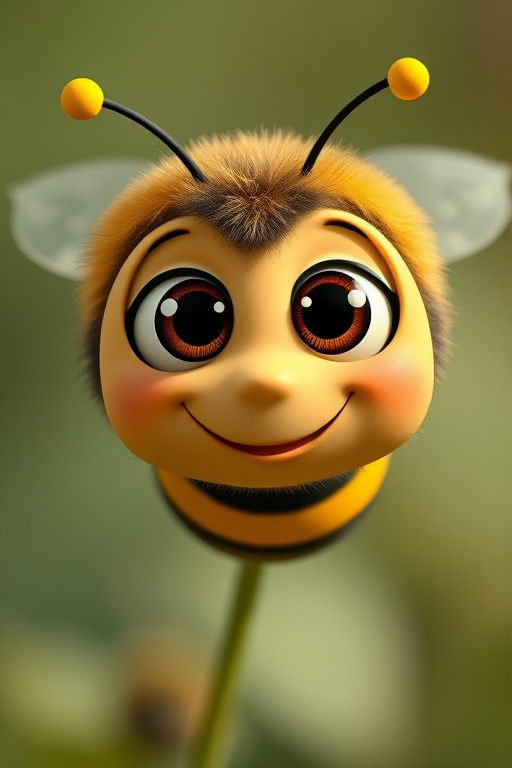 Create a cartoonish bee character with a smiling face, large eyes, and stylized yellow and black stripes, using a DSLR camera with a 50mm lens, aperture set to f/2.8, iso 100, natural light, and a shallow depth of field for a soft background blur.