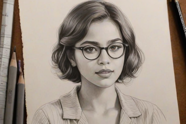 Ravishing Isabela Moner, pencil sketch, portrait of Exquisite woman 1928s in glasses, hair style beatnik, outline, clear lines, fine lines, 8k