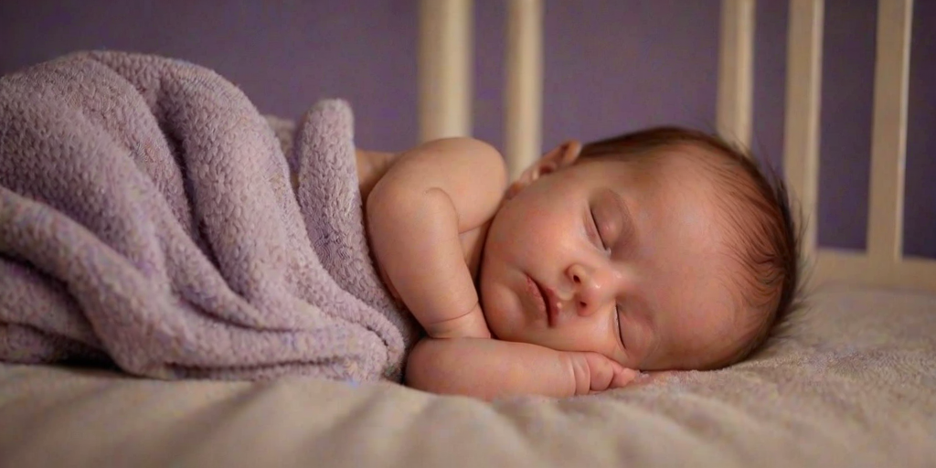 Warm, softly lit image of a baby sleeping peacefully in a crib, soft glow from a nearby nightlight casting warm shadows on the walls, the smell of lavender and baby powder lingering in the air, a sense of tranquility and innocence captured.