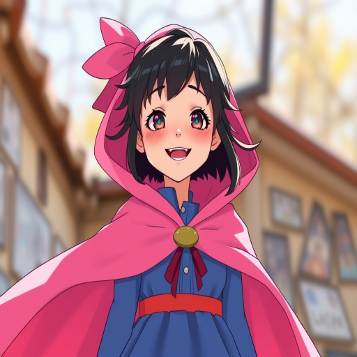 Create a high-resolution vector illustration of a character wearing a long pink cape and a blue dress, with detailed facial features and a joyful expression, captured with a DSLR camera at f/2.8, ISO 100, using a shallow depth of field, bright natural lighting.