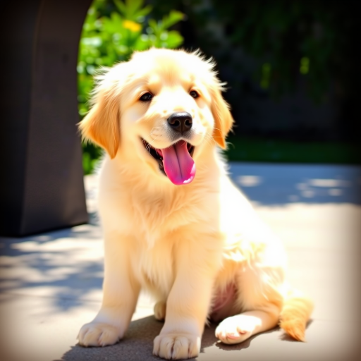 Cute golden retriever puppy with fluffy fur sitting and smiling with its tongue out in a sunny environment.