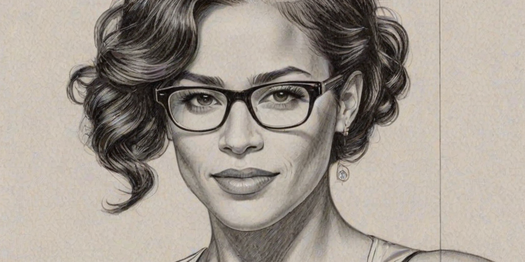 Dazzling Paula Patton, pencil sketch, portrait of Ravishing woman 1927s in glasses, hair style beatnik, outline, clear lines, fine lines, 8k