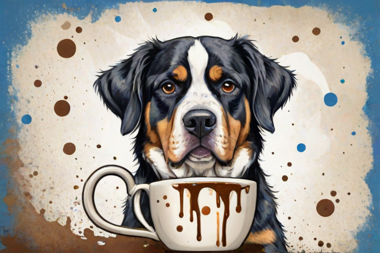A quirky, artistic illustration of a disheveled greater swiss mountain dog with exaggerated, large eyes and spiky fur, holding a coffee mug that reads "Good Morning". The dog has a tired but humorous expression, with ink splatters and abstract details surrounding it, giving a whimsical feel to the image. The color palette is mostly monochrome with hints of blue in the eyes and steam rising from the mug, enhancing the overall sleepy vibe