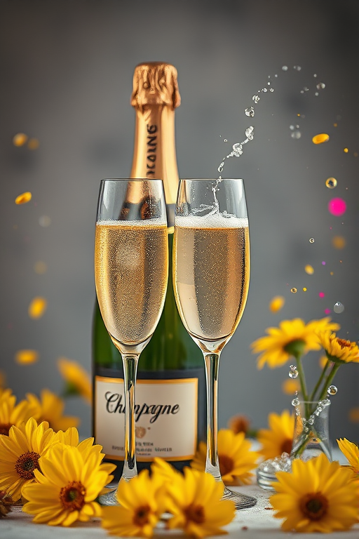 Create a high-resolution artistic image of a champagne bottle next to a filled champagne flute, surrounded by yellow flowers and colorful splashes, using a Canon EOS R5, 50mm lens, f/1.8 aperture, ISO 100, soft natural lighting, and a shallow depth of field for a dreamy effect.