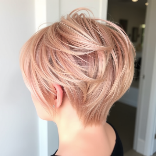 Soft rose gold pixie cut with textured layers and subtle glitter accents, creating a whimsical and feminine appearance named Pixie Dust Blush