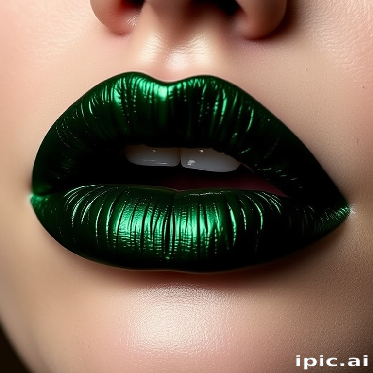 Deep emerald green lips with a metallic sheen, christened "Forest Whisper," offer a bold and mysterious look, complemented by subtle gold leaf accents along the cupid's bow