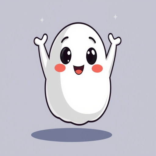 Create a cute cartoon ghost character with a simple design featuring a round body and two small arms raised in excitement the ghost should have a happy expression with wide eyes and a small mouth colored in white with a black outline suitable for a playful and cheerful theme