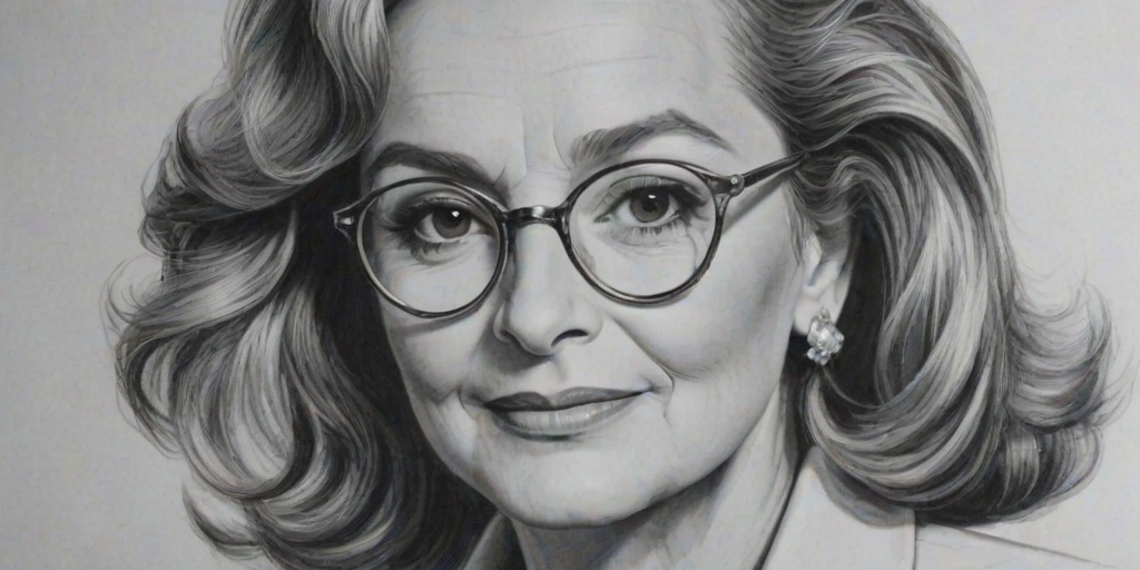 Charming Barbara Walters, pencil sketch, portrait of Resplendent woman 1944s in glasses, hair style beatnik, outline, clear lines, fine lines, 8k