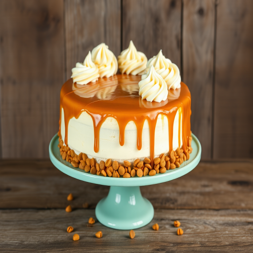 Create an image of a round cake with a smooth caramel topping and swirls of buttercream frosting on top. The sides of the cake should be covered in caramel chips and drizzled with caramel sauce. Display the cake on a mint green cake stand against a rustic wooden background.