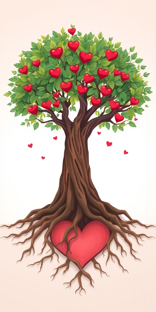 Create a high-resolution illustration of a tree with a heart-shaped base, featuring intricate roots and a canopy filled with leaves and small red hearts, captured from a slightly elevated angle using a DSLR camera, aperture set to f/4 for a soft background blur, ISO 100 for crisp detail, and a focal length of 50mm to enhance image quality.