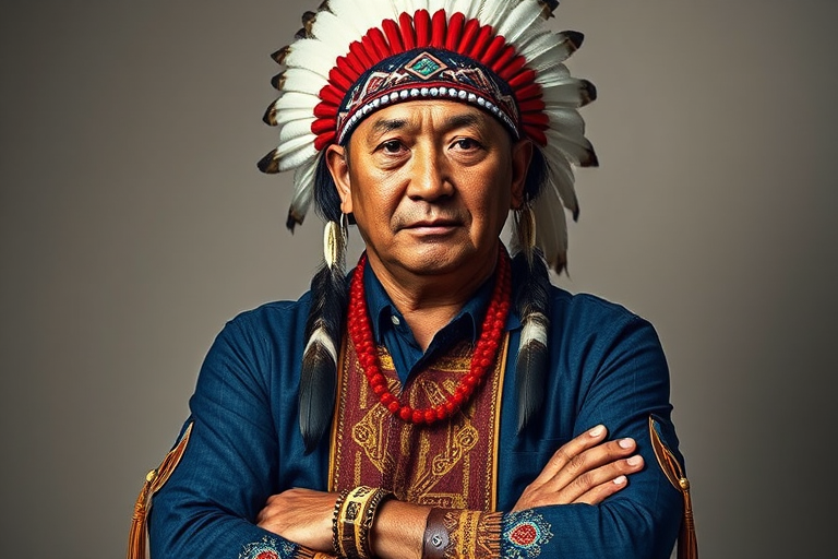 Create a dignified portrait of a Native American man dressed in traditional attire. He wears a beautifully crafted headdress adorned with white feathers and red beads, along with a beaded headband featuring intricate patterns. His clothing includes a deep blue, patterned shirt and a traditional chest piece with detailed beadwork. His arms are crossed, displaying leather armbands decorated with feathers. The background is simple and neutral, emphasizing his proud and stoic expression. The overall image captures the rich cultural heritage and strength of his persona.