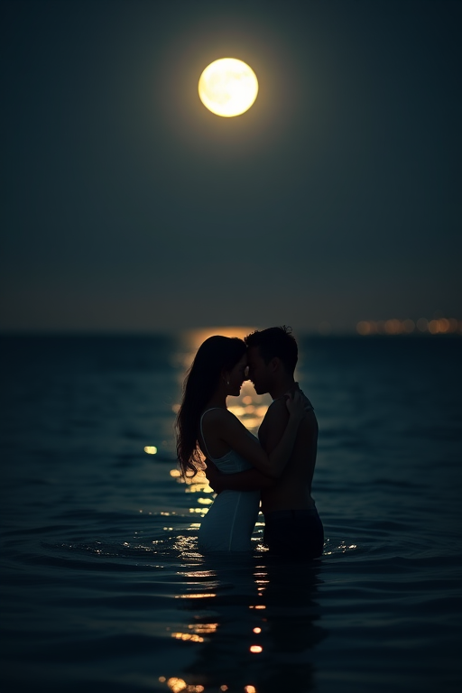 create a serene night scene depicting a couple embracing in the water under a full moon, using a DSLR camera with a 50mm lens, aperture f/1.8, ISO 100, shutter speed 1/200s, capturing a soft focus effect and vivid colors with a slight bokeh in the background.