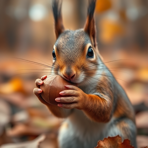 Close-up of a squirrel holding a nut in a forest setting, shallow depth of field, f/2.8 aperture, 1/500 sec shutter speed, ISO 200, natural light, DSLR camera, 50mm lens, warm tones, autumn leaves in background.