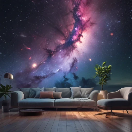 Cozy Living Room with Stunning Cosmic Galaxy Mural and Modern Decor